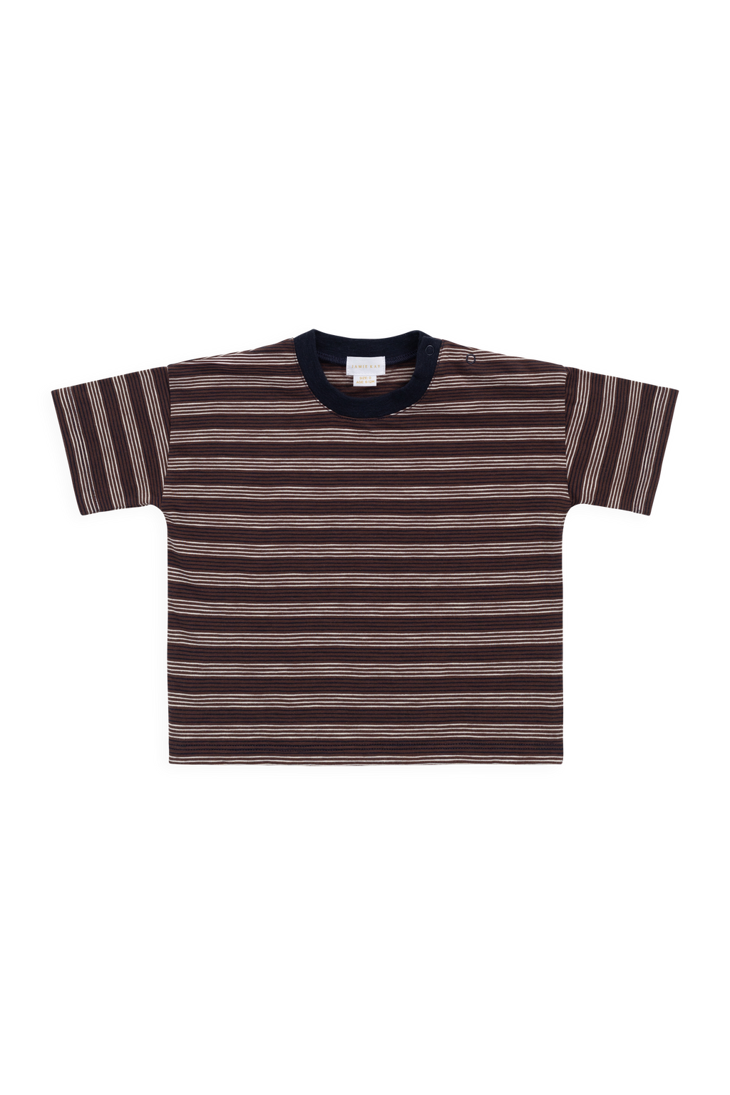 T-shirt Enfant Manches Courtes Coton Flammé Rayures Royales Marron Crème Décontracté avec Encolure Indigo & Tissu Léger Respirant pour Usage Quotidien