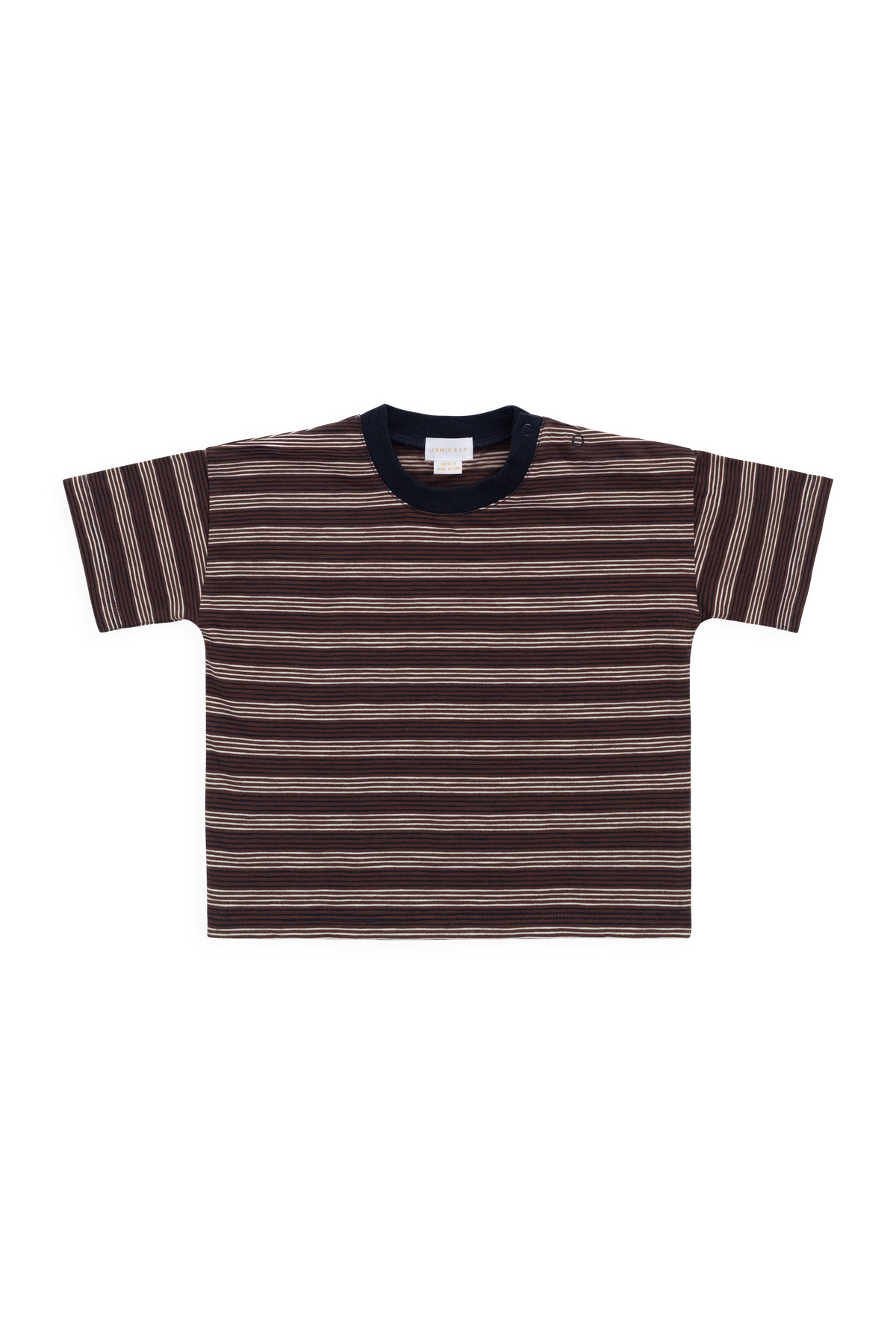 T-shirt Enfant Manches Courtes Coton Flammé Rayures Royales Marron Crème Décontracté avec Encolure Indigo & Tissu Léger Respirant pour Usage Quotidien