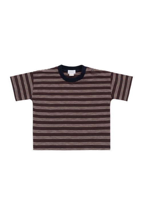 T-shirt Enfant Manches Courtes Coton Flammé Rayures Royales Marron Crème Décontracté avec Encolure Indigo & Tissu Léger Respirant pour Usage Quotidien