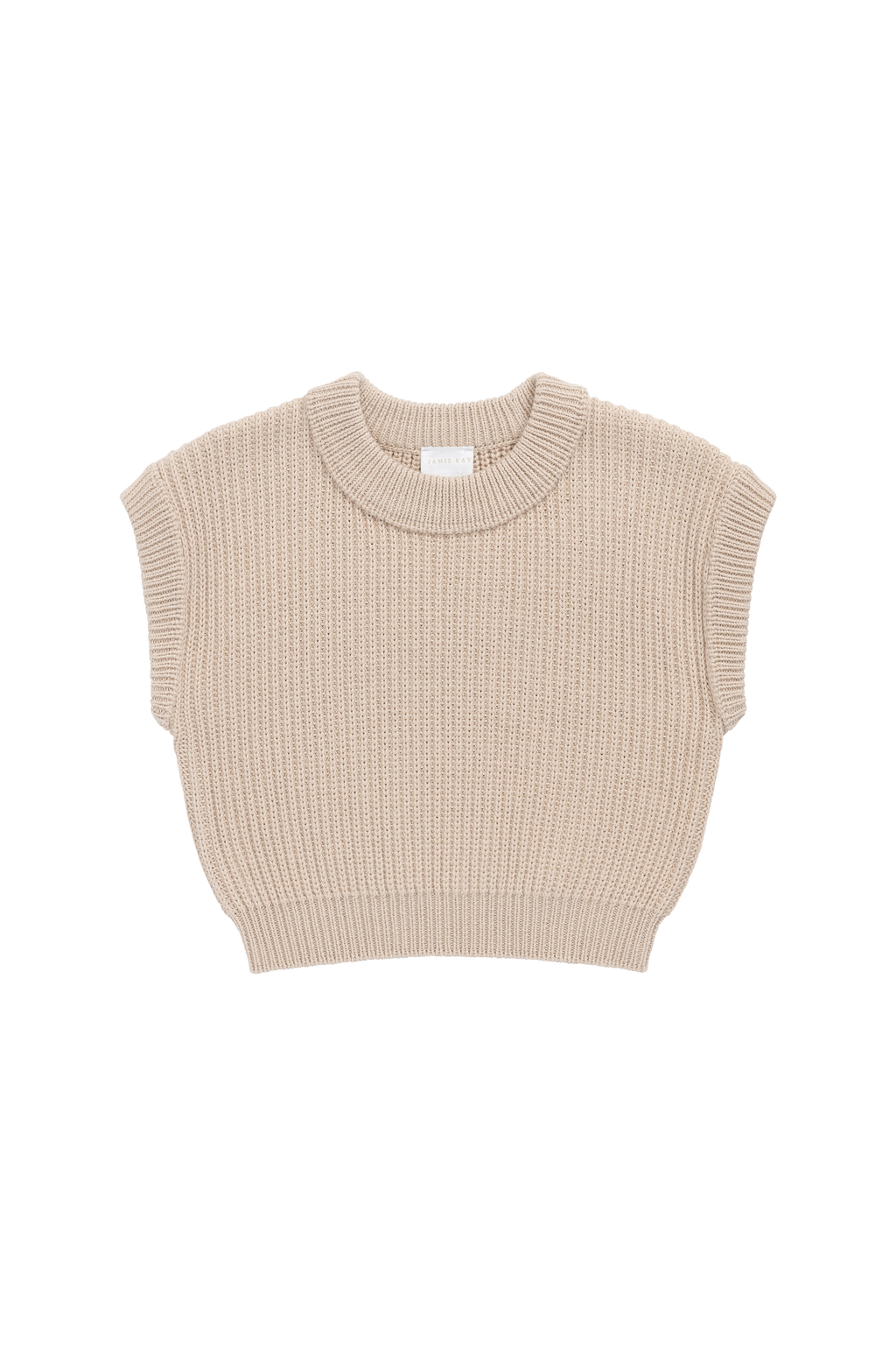 Gilet en maille pur coton, coloris sable neutre uni, à texture côtelée et manches courtes pour enfants. Idéal pour superposer ou un style décontracté.