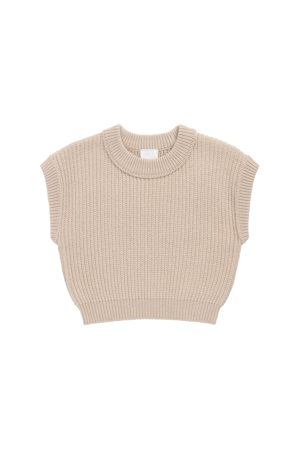 Gilet en maille pur coton, coloris sable neutre uni, à texture côtelée et manches courtes pour enfants. Idéal pour superposer ou un style décontracté.
