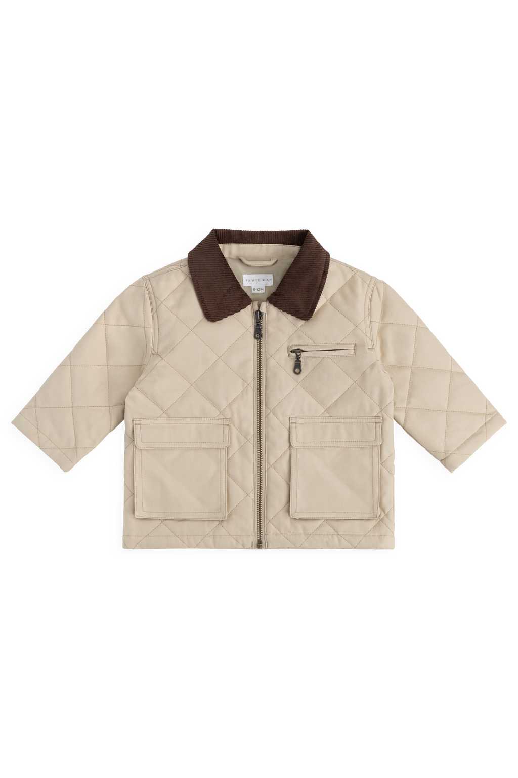 Veste matelassée en losanges 100 % coton unie de couleur grès neutre avec col en velours côtelé et fermeture éclair à l'avant pour enfants, idéale pour les intersaisons.
