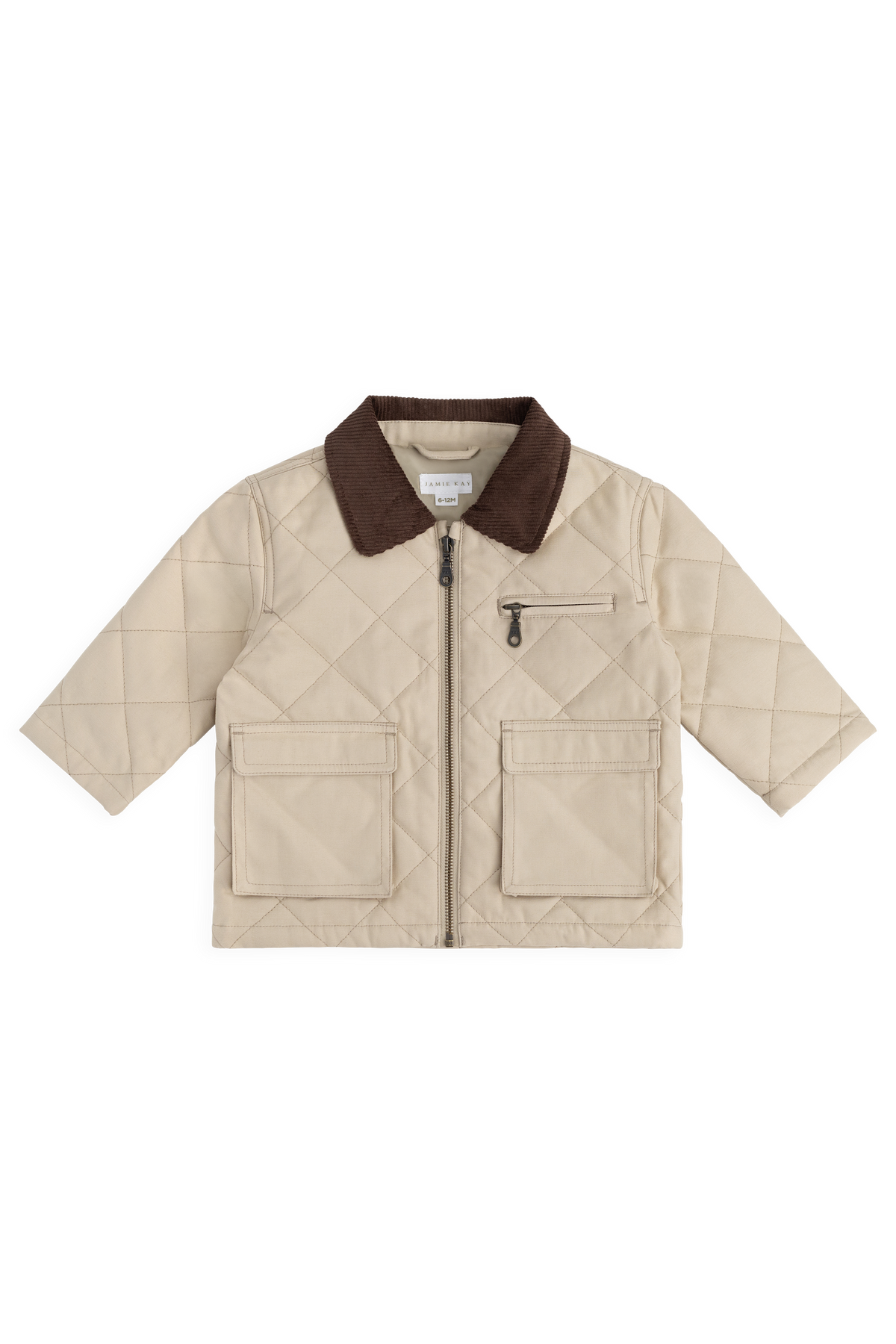 Veste matelassée en losanges 100 % coton unie de couleur grès neutre avec col en velours côtelé et fermeture éclair à l'avant pour enfants, idéale pour les intersaisons.
