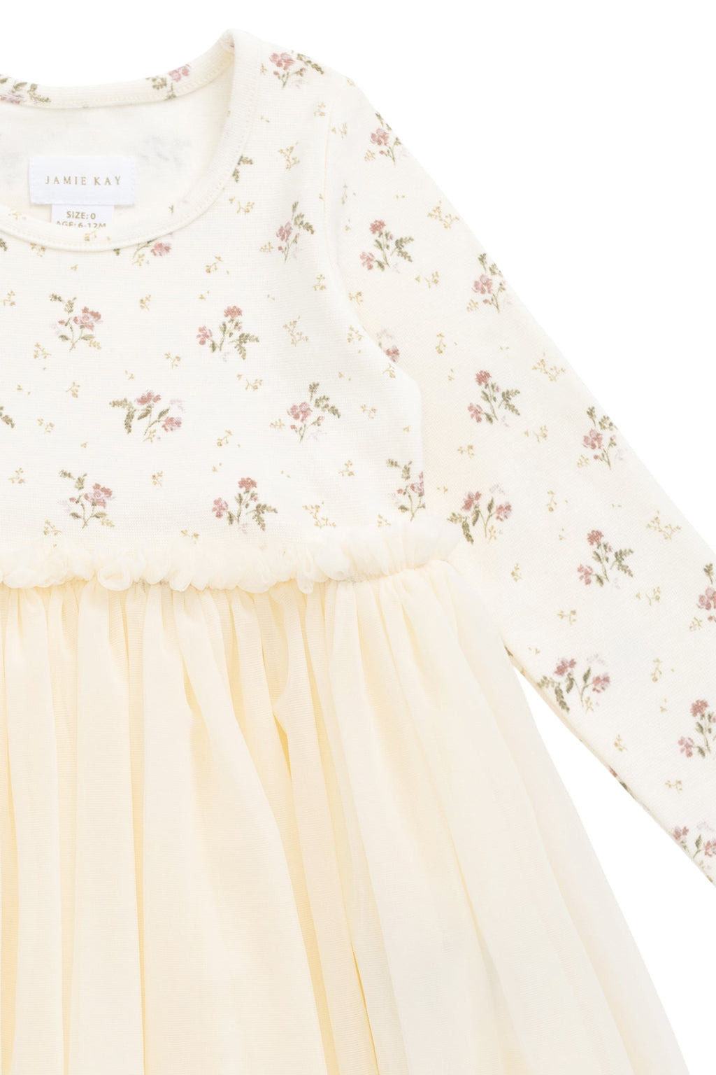 Robe Rose Crème Romantique à Imprimé Floral en Coton et Tulle à Manches Longues avec Jupe en Tulle Plissée et Silhouette Fluide pour Filles Occasions Spéciales