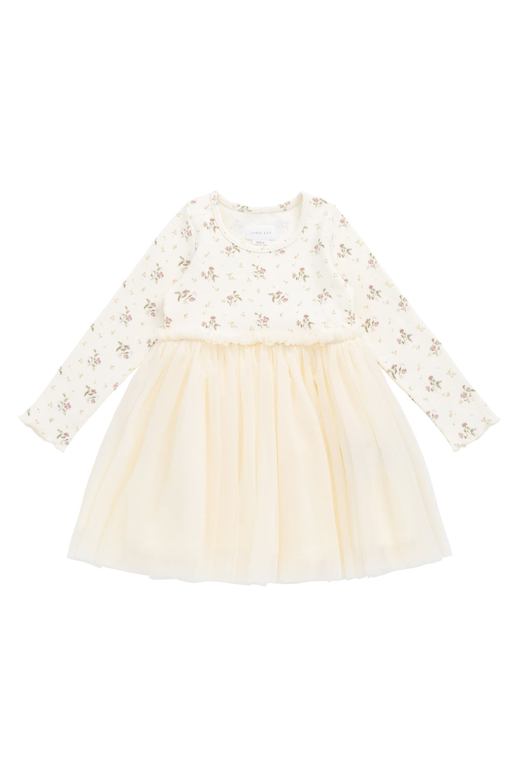 Robe Rose Crème Romantique à Imprimé Floral en Coton et Tulle à Manches Longues avec Jupe en Tulle Plissée et Silhouette Fluide pour Filles Occasions Spéciales