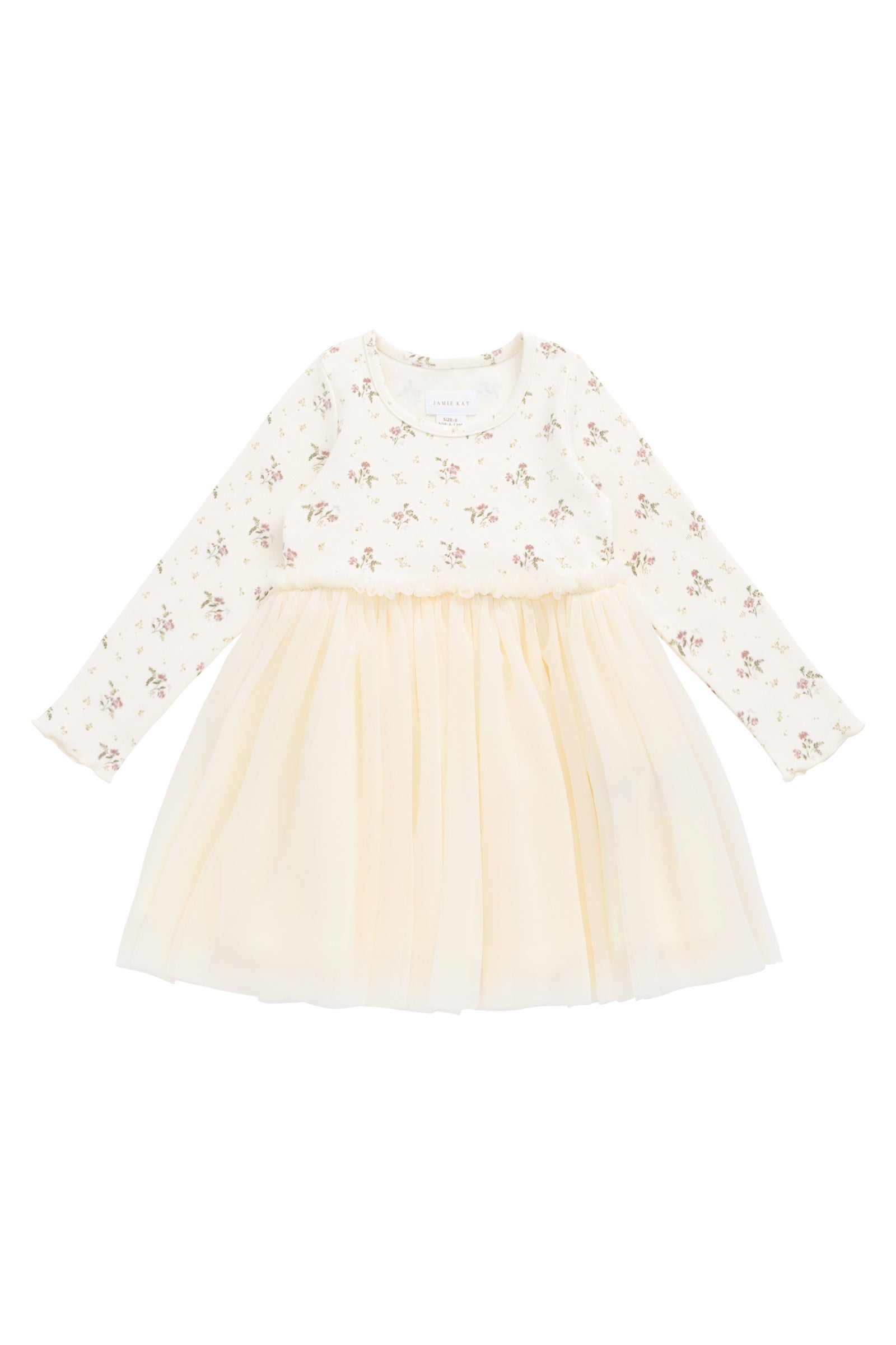 Robe Rose Crème Romantique à Imprimé Floral en Coton et Tulle à Manches Longues avec Jupe en Tulle Plissée et Silhouette Fluide pour Filles Occasions Spéciales