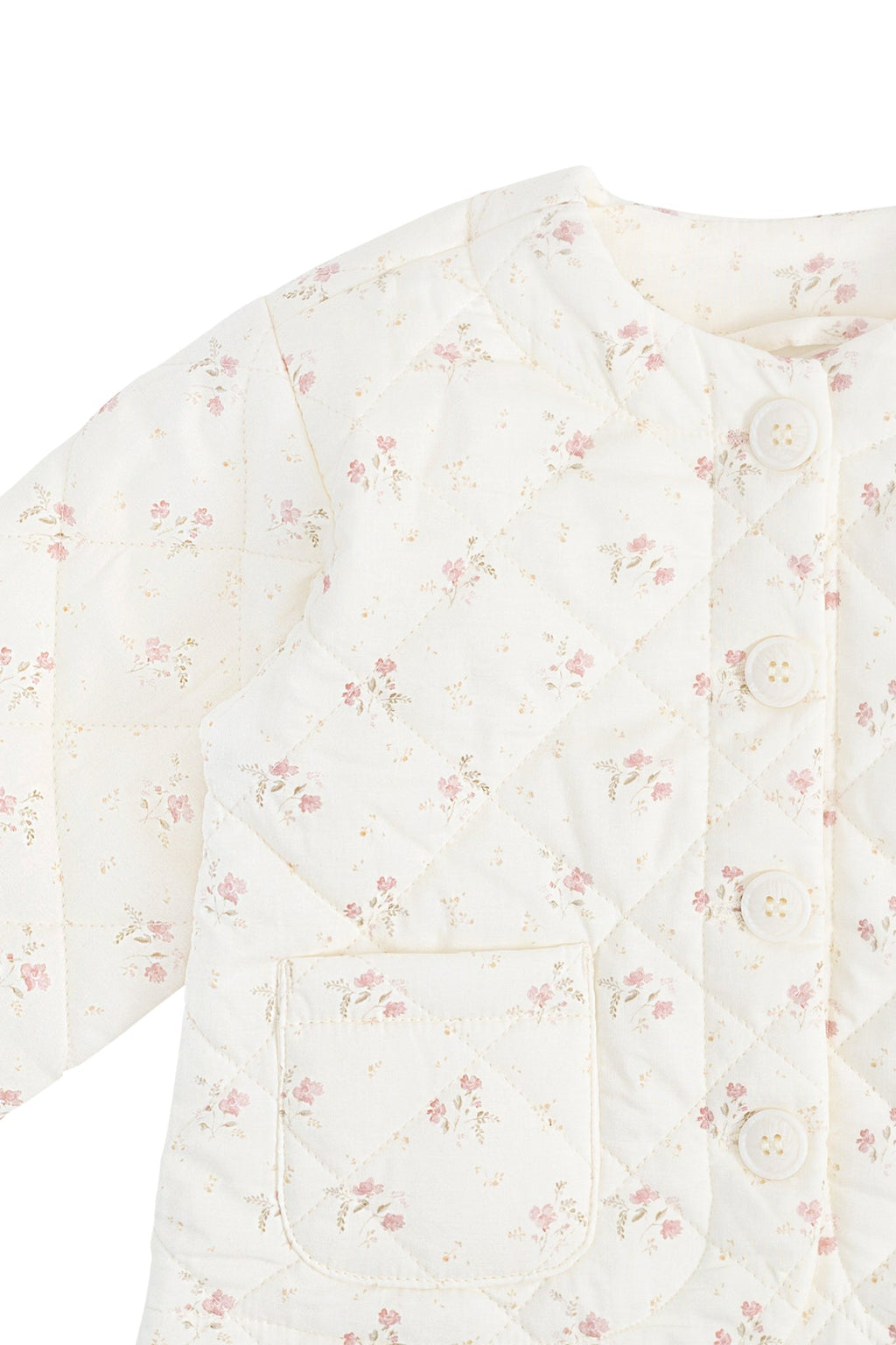 Veste matelassée en coton imprimé floral blanc et rose pour fille, avec col en velours côtelé et fermeture boutonnée, idéale pour la mi-saison