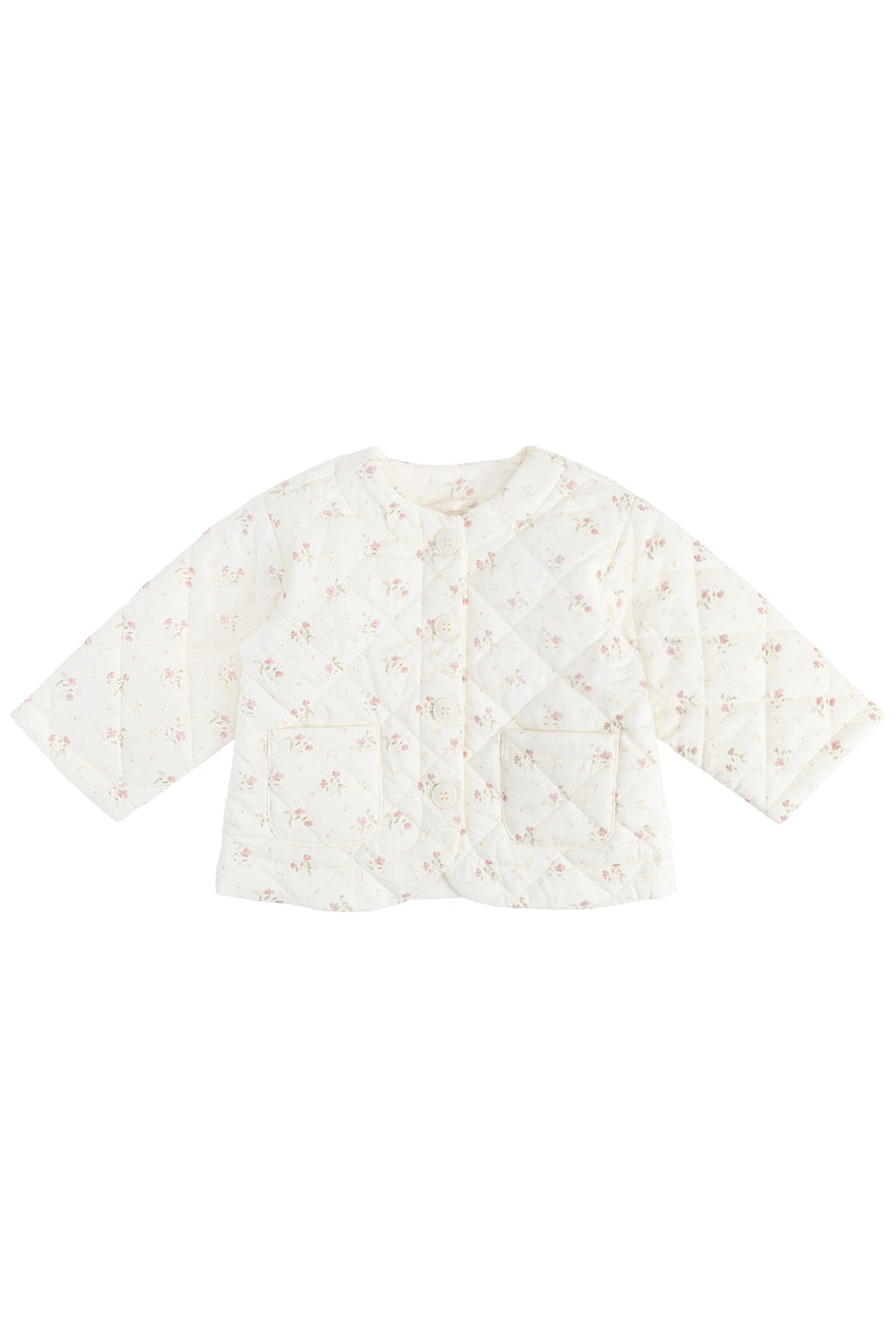 Veste matelassée en coton imprimé floral blanc et rose pour fille, avec col en velours côtelé et fermeture boutonnée, idéale pour la mi-saison