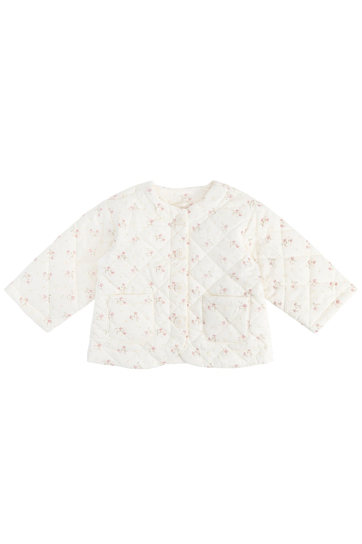 Veste matelassée en coton imprimé floral blanc et rose pour fille, avec col en velours côtelé et fermeture boutonnée, idéale pour la mi-saison