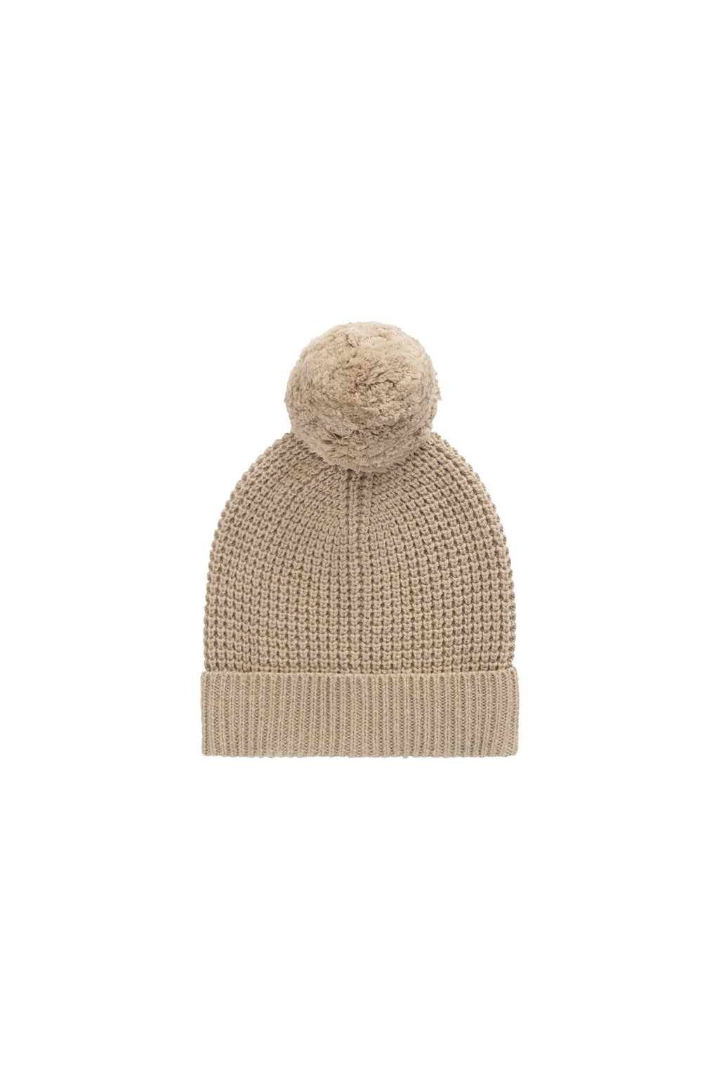 Bonnet en tricot de coton chiné sable classique avec bord plié et pompon pour enfant - Accessoire pour temps frais