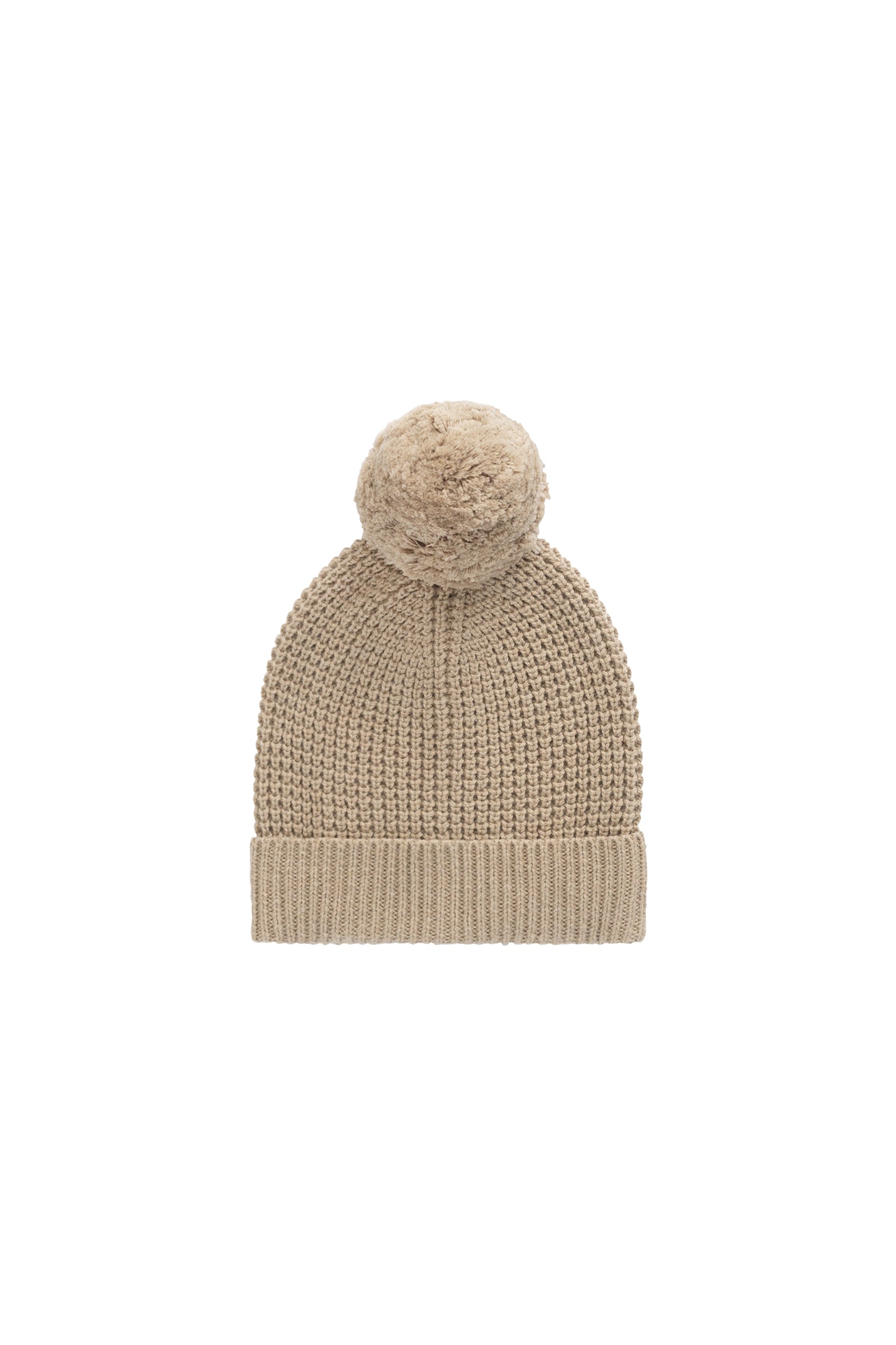 Bonnet en tricot de coton chiné sable classique avec bord plié et pompon pour enfant - Accessoire pour temps frais