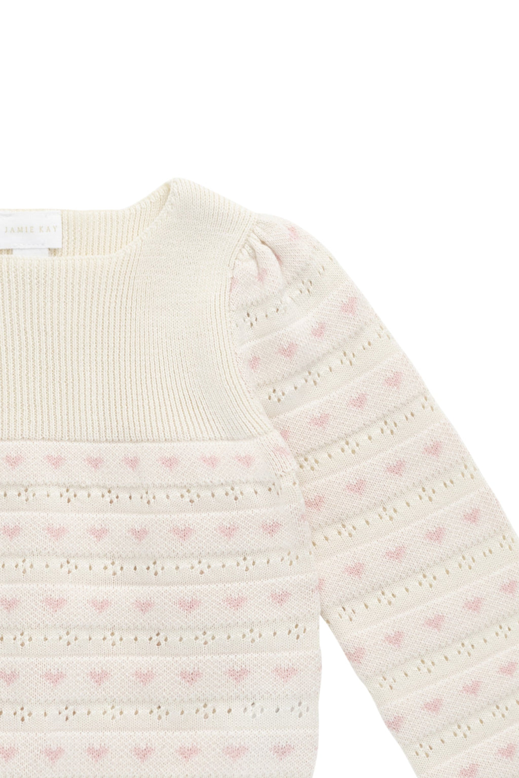 Pull en tricot de coton jacquard rose crème classique avec poignets, ourlet et encolure côtelés pour filles, idéal pour un usage quotidien et confortable.