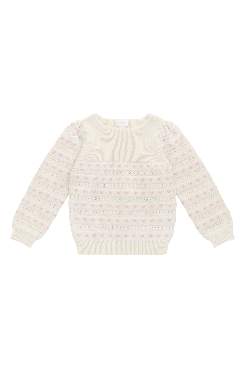 Pull en tricot de coton jacquard rose crème classique avec poignets, ourlet et encolure côtelés pour filles, idéal pour un usage quotidien et confortable.