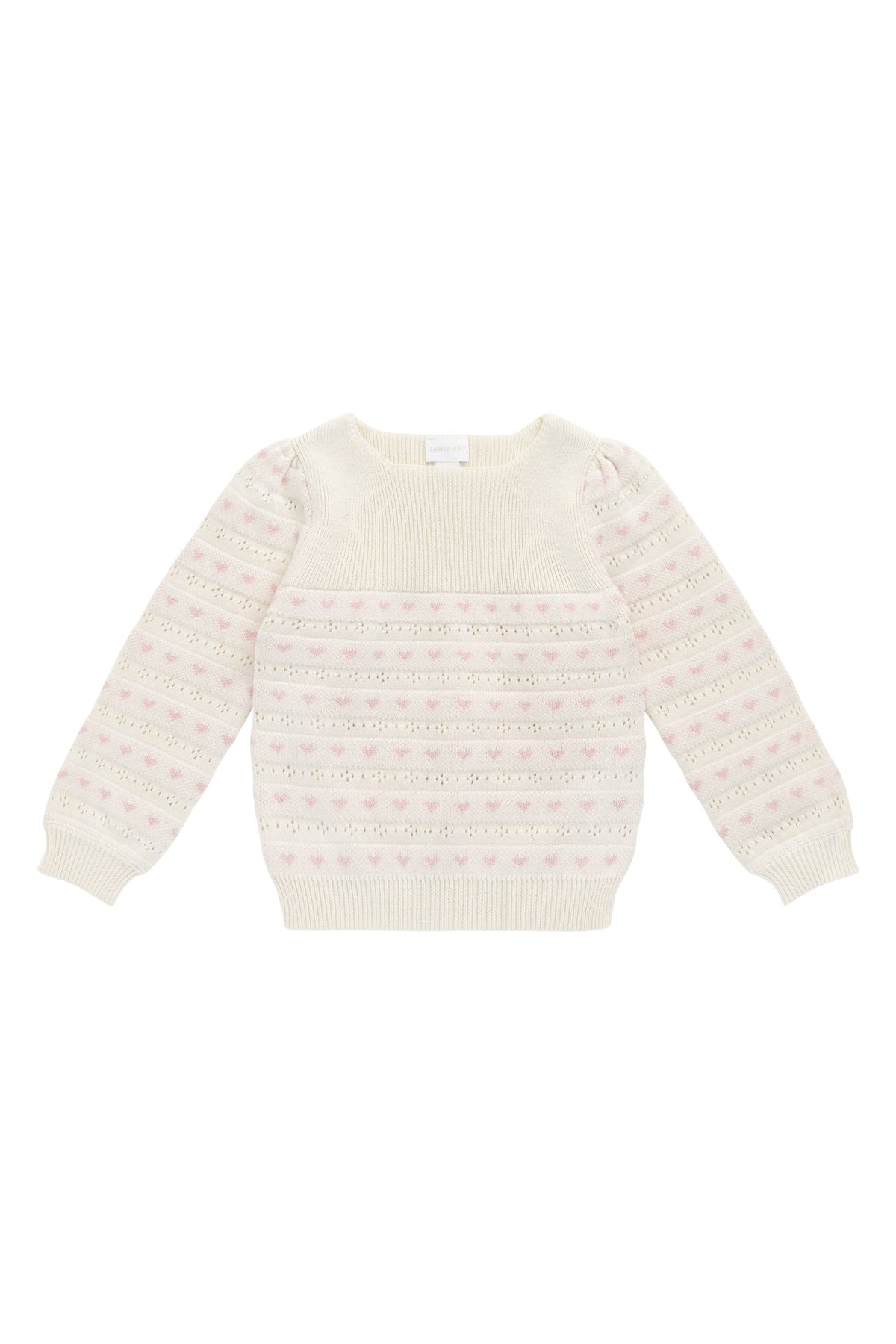 Pull en tricot de coton jacquard rose crème classique avec poignets, ourlet et encolure côtelés pour filles, idéal pour un usage quotidien et confortable.
