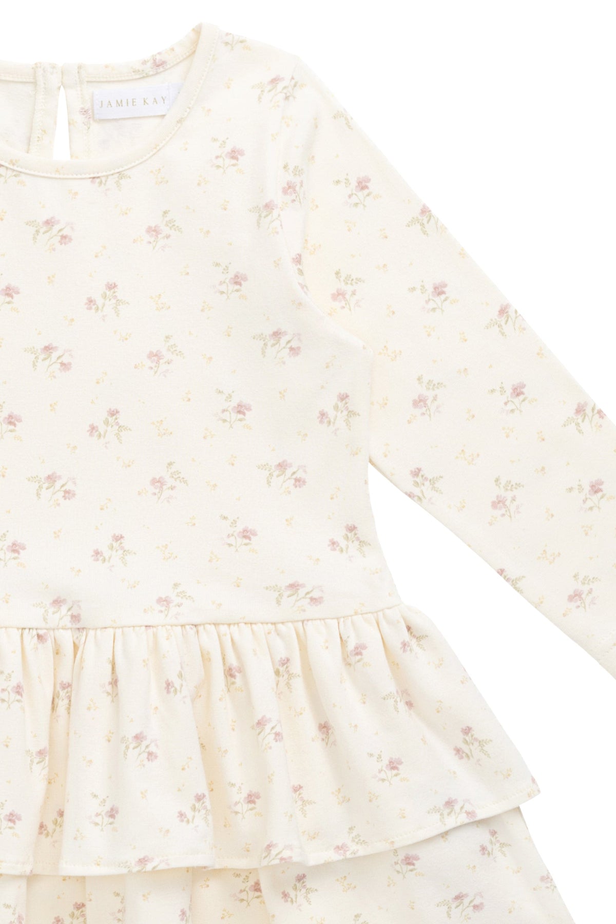 Robe Coton Stretch Thelma Imprimé Fleuri Crème Romantique à Manches Longues et Volants Étages pour Filles Occasions Habillées