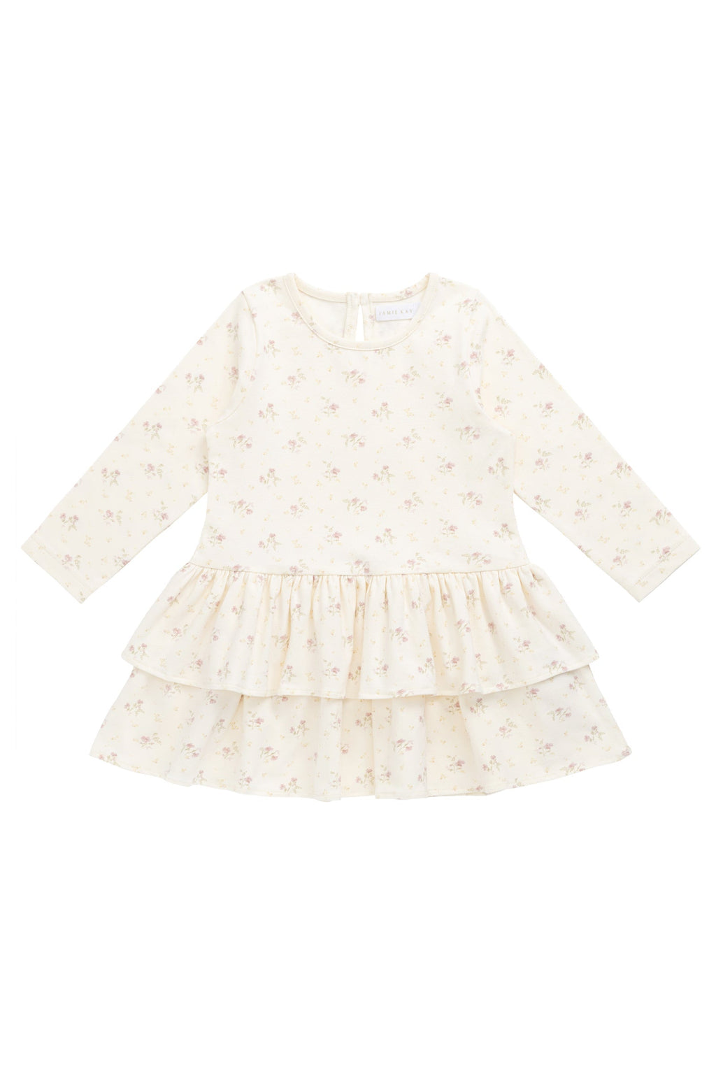Robe Coton Stretch Thelma Imprimé Fleuri Crème Romantique à Manches Longues et Volants Étages pour Filles Occasions Habillées