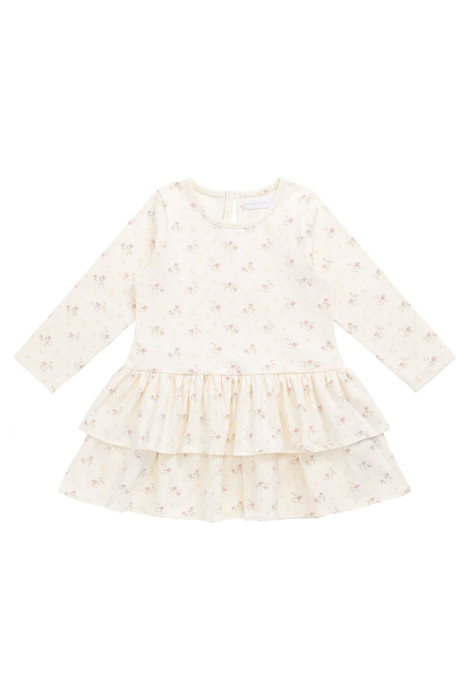 Robe Coton Stretch Thelma Imprimé Fleuri Crème Romantique à Manches Longues et Volants Étages pour Filles Occasions Habillées