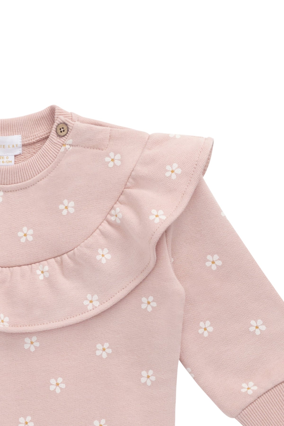 Sweatshirt en molleton de coton stretch imprimé floral rose et blanc avec col à volants et encolure boutonnée pour filles, tenue décontractée de tous les jours