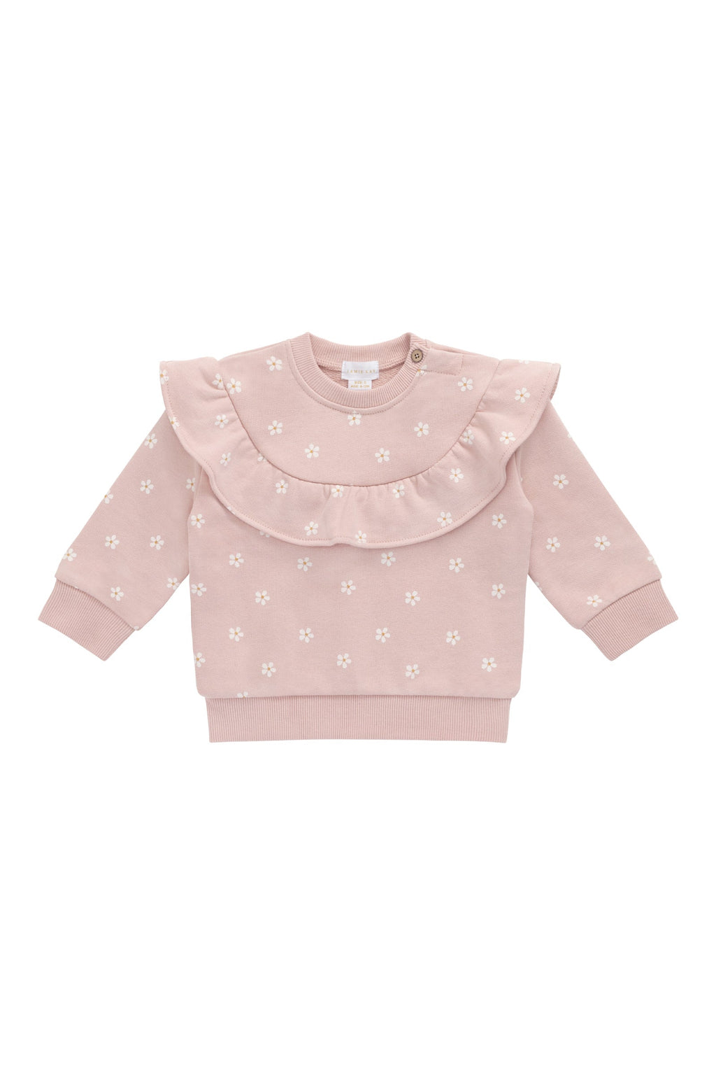 Sweatshirt en molleton de coton stretch imprimé floral rose et blanc avec col à volants et encolure boutonnée pour filles, tenue décontractée de tous les jours