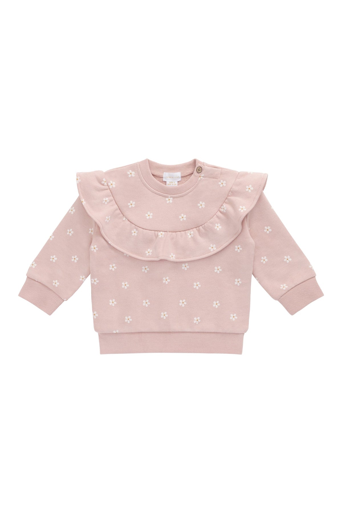 Sweatshirt en molleton de coton stretch imprimé floral rose et blanc avec col à volants et encolure boutonnée pour filles, tenue décontractée de tous les jours