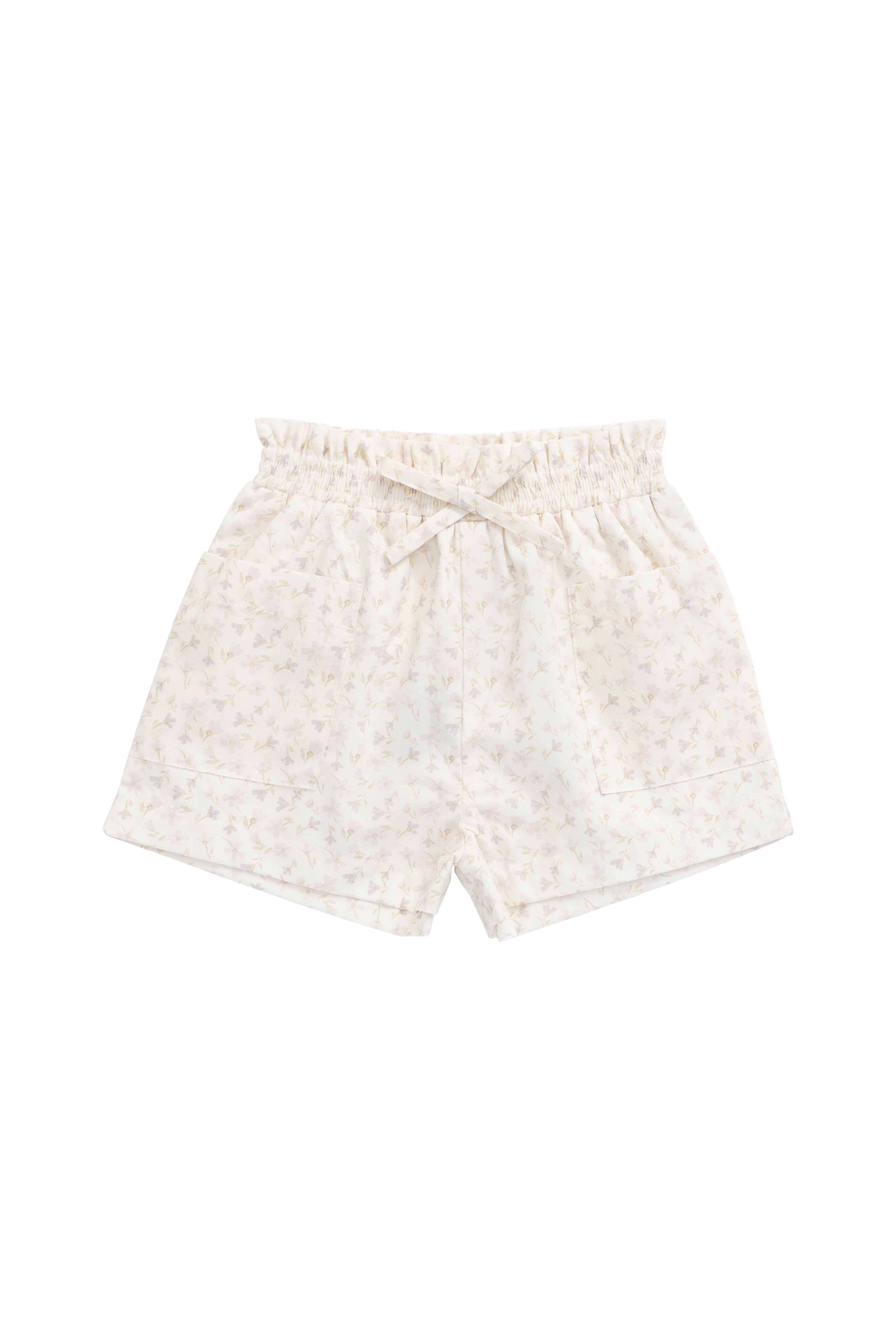 Short en coton biologique à imprimé floral rose clair et violet, ludique, avec taille élastiquée pour les filles, idéal pour les journées décontractées par temps chaud