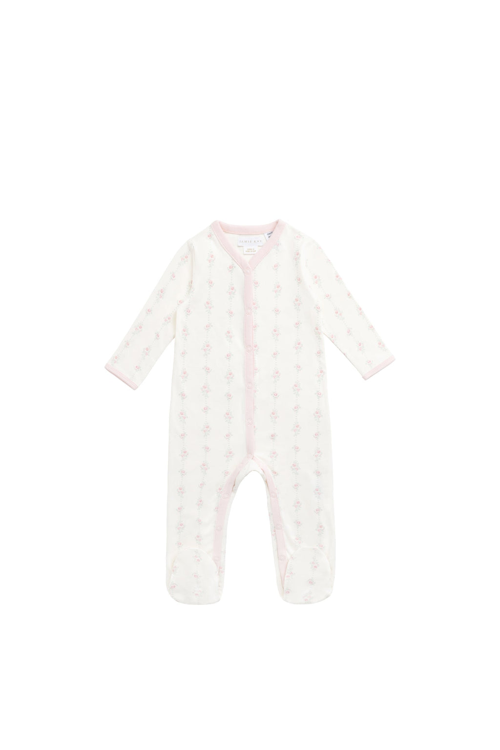 Grenouillère Pyjama une pièce en Coton Extensible Imprimé Roses Blanches et Roses avec Bordure Rose et Tissu Doux Extensible pour Bébés et Tout-petits