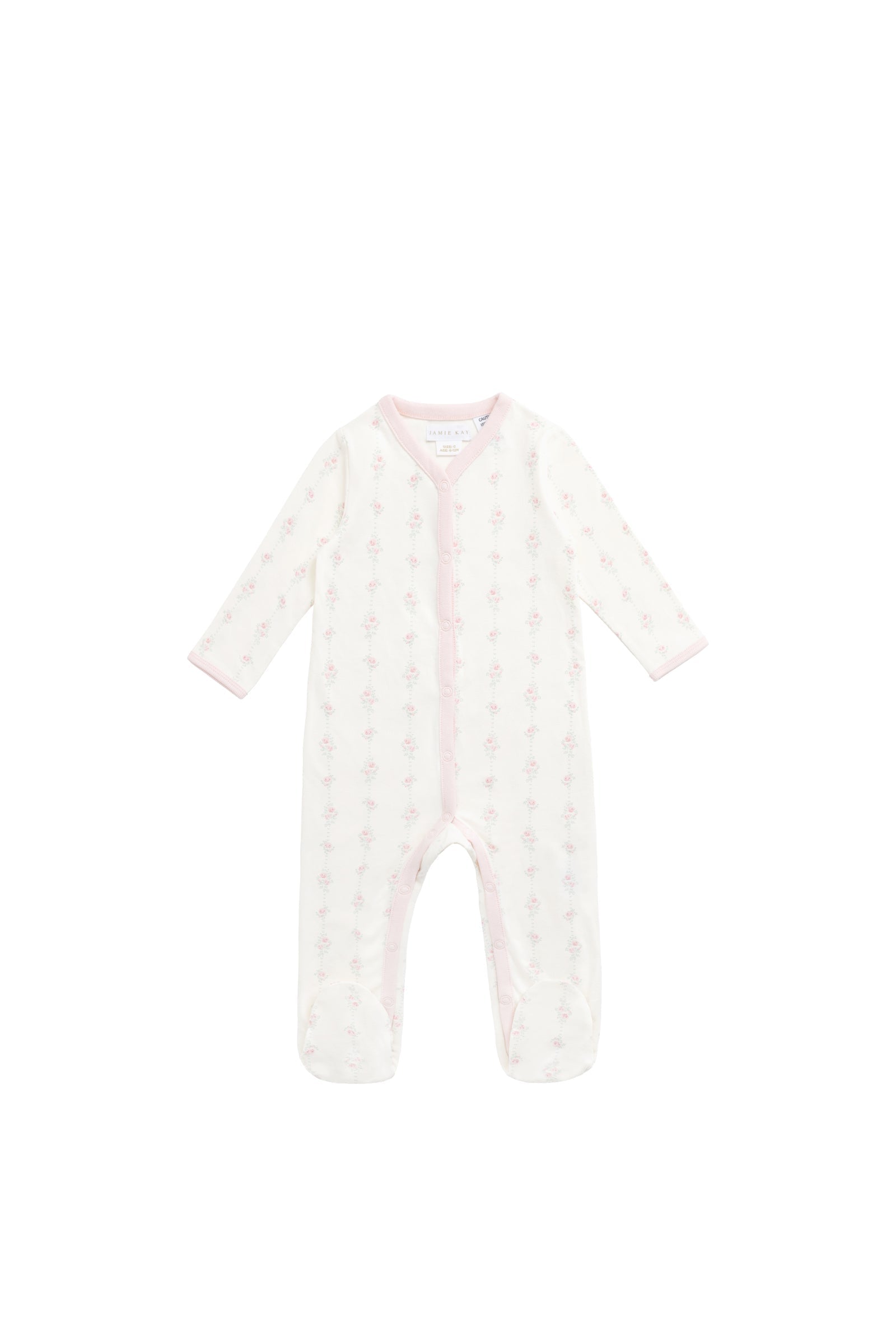 Grenouillère Pyjama une pièce en Coton Extensible Imprimé Roses Blanches et Roses avec Bordure Rose et Tissu Doux Extensible pour Bébés et Tout-petits