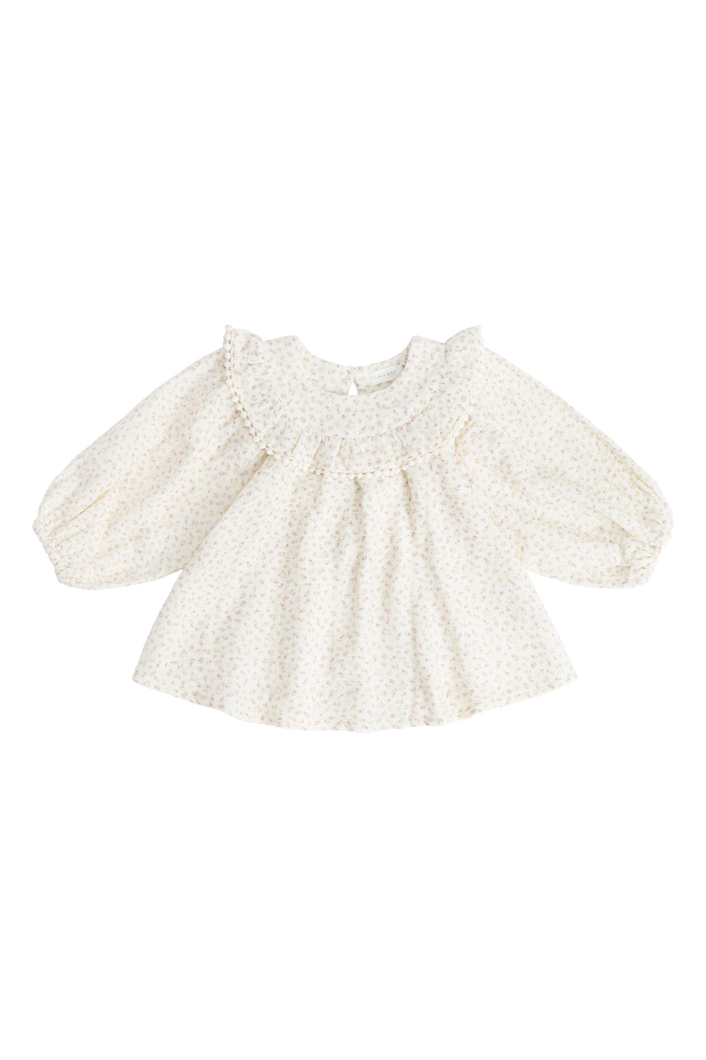 Blouse en mousseline de coton bio rose romantique à imprimé floral, col volanté et poignets élastiqués pour filles