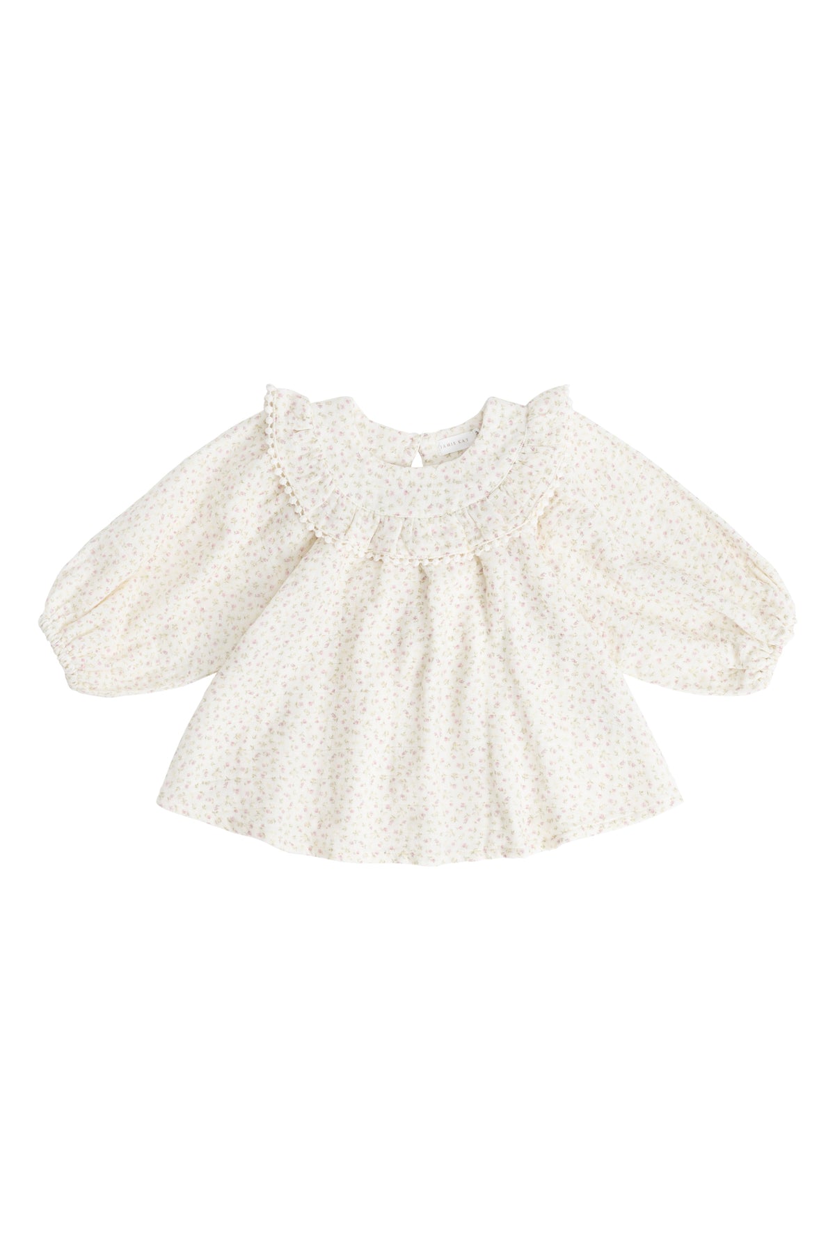 Blouse en mousseline de coton bio rose romantique à imprimé floral, col volanté et poignets élastiqués pour filles