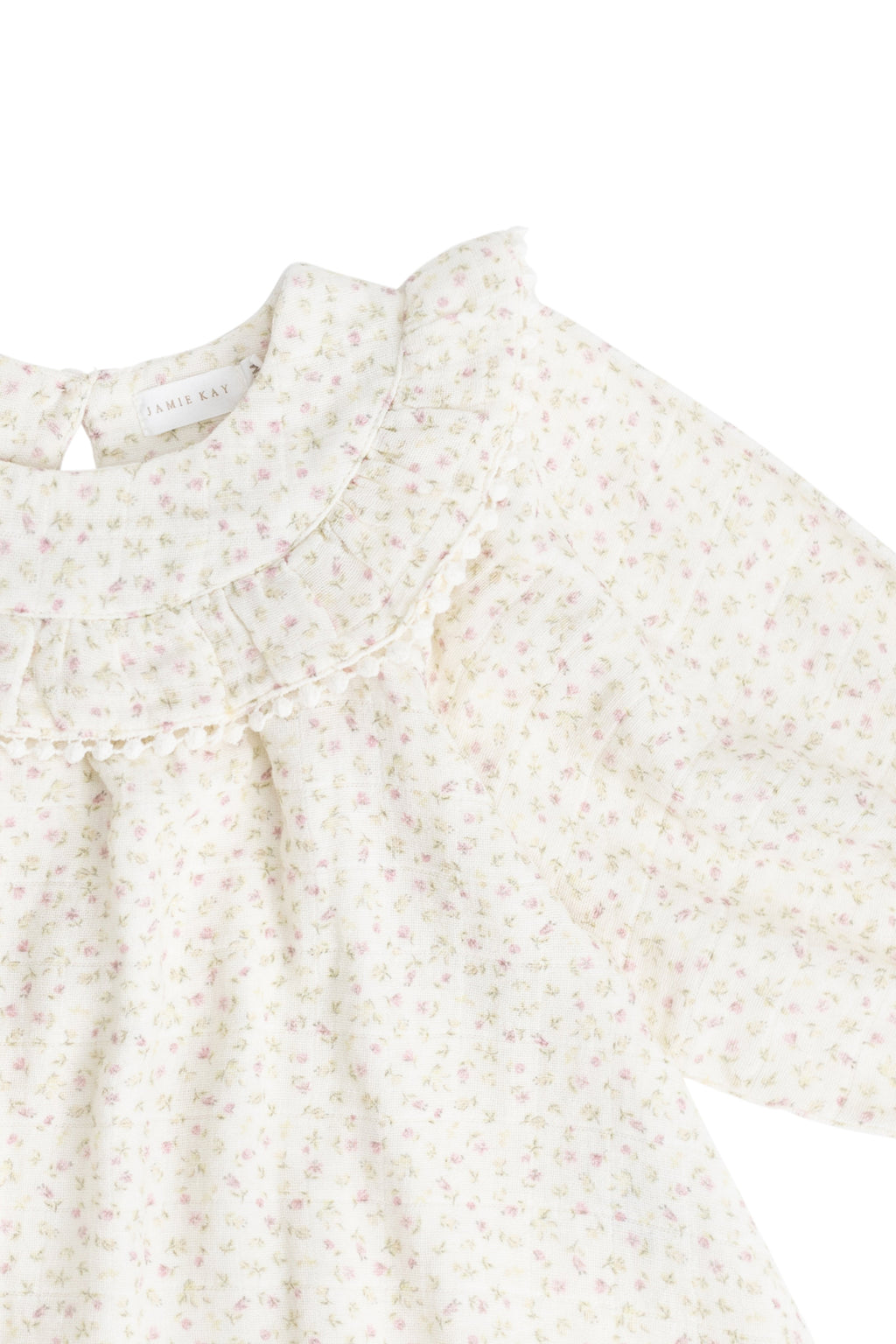 Blouse en mousseline de coton bio rose romantique à imprimé floral, col volanté et poignets élastiqués pour filles
