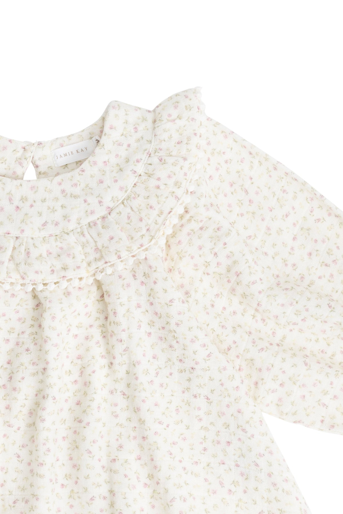 Blouse en mousseline de coton bio rose romantique à imprimé floral, col volanté et poignets élastiqués pour filles