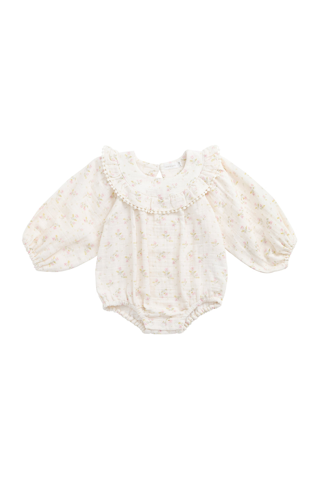 Barboteuse bébé en mousseline de coton bio à imprimé floral bohème crème, rose et vert, avec corsage froncé et ouvertures de jambes élastiquées pour temps chaud