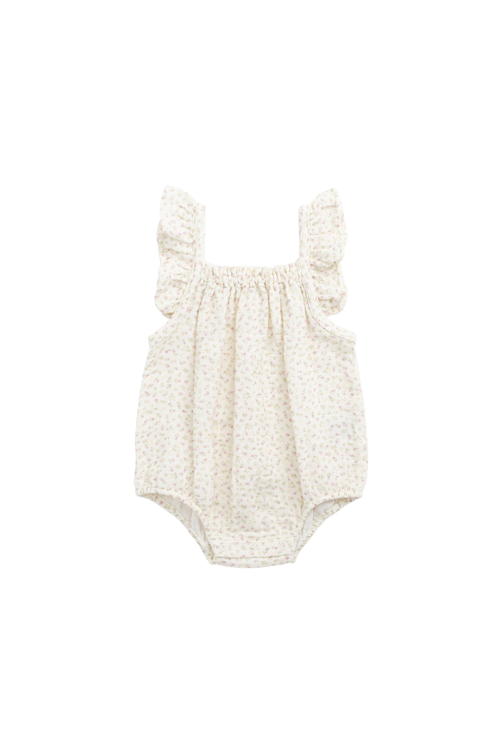 Barboteuse bébé en mousseline de coton biologique imprimé floral rose bohème, coupe décontractée, tissu respirant, idéale pour les jeux par temps chaud.