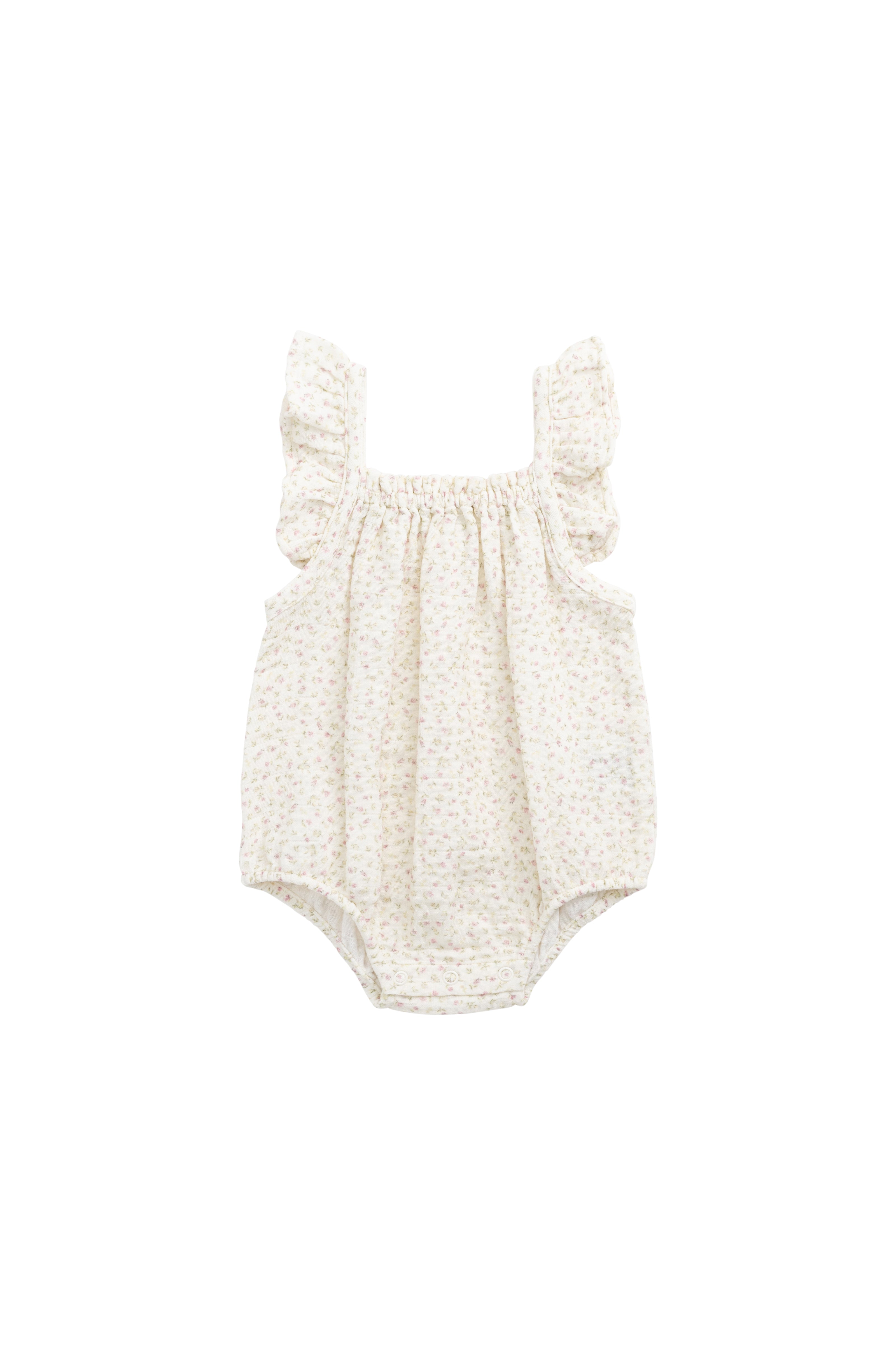 Barboteuse bébé en mousseline de coton biologique imprimé floral rose bohème, coupe décontractée, tissu respirant, idéale pour les jeux par temps chaud.