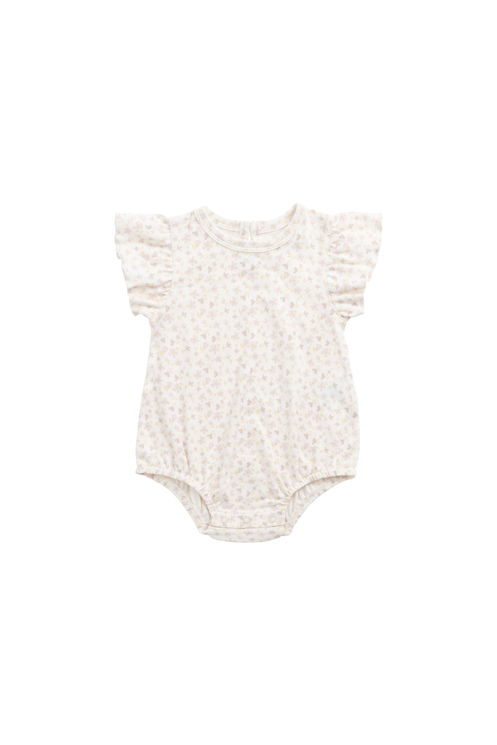 Barboteuse en coton biologique imprimé floral bohème crème et mauve, coupe décontractée confortable pour bébé et tout-petit par temps chaud