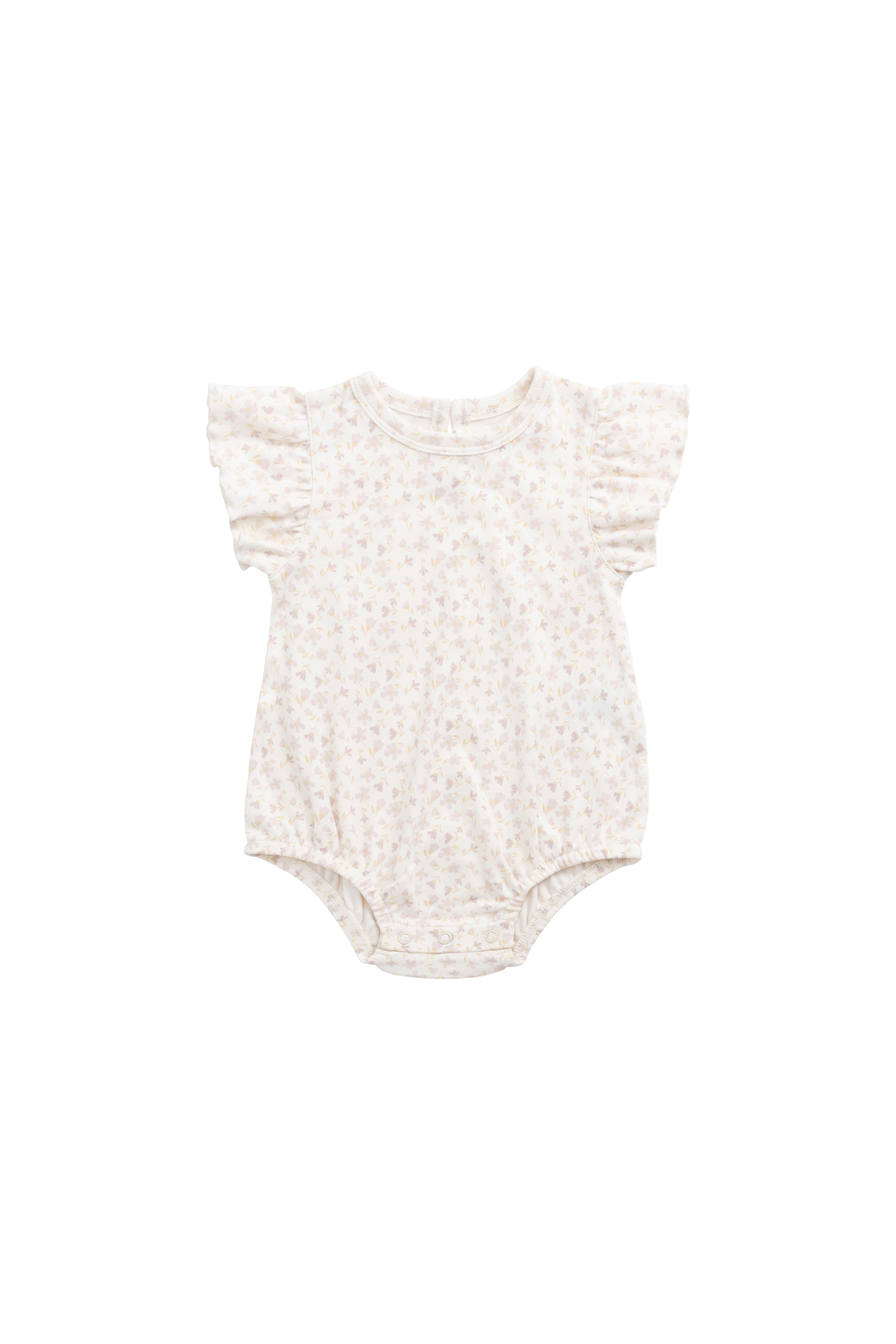 Barboteuse en coton biologique imprimé floral bohème crème et mauve, coupe décontractée confortable pour bébé et tout-petit par temps chaud