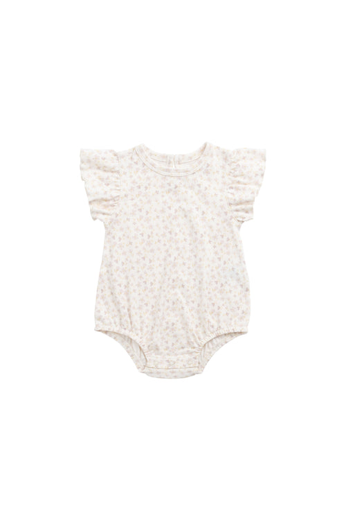 Barboteuse en coton biologique imprimé floral bohème crème et mauve, coupe décontractée confortable pour bébé et tout-petit par temps chaud