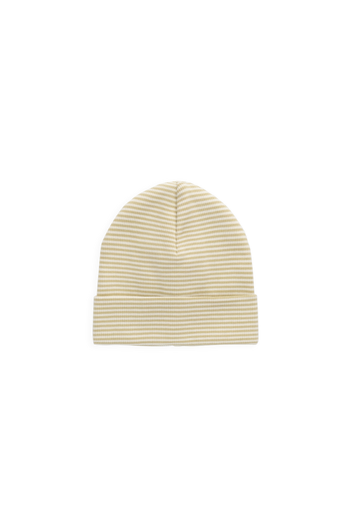 Bonnet en maille côtelée fine en coton crème et marron décontracté à rayures, avec revers et tricot léger respirant pour les journées fraîches des enfants