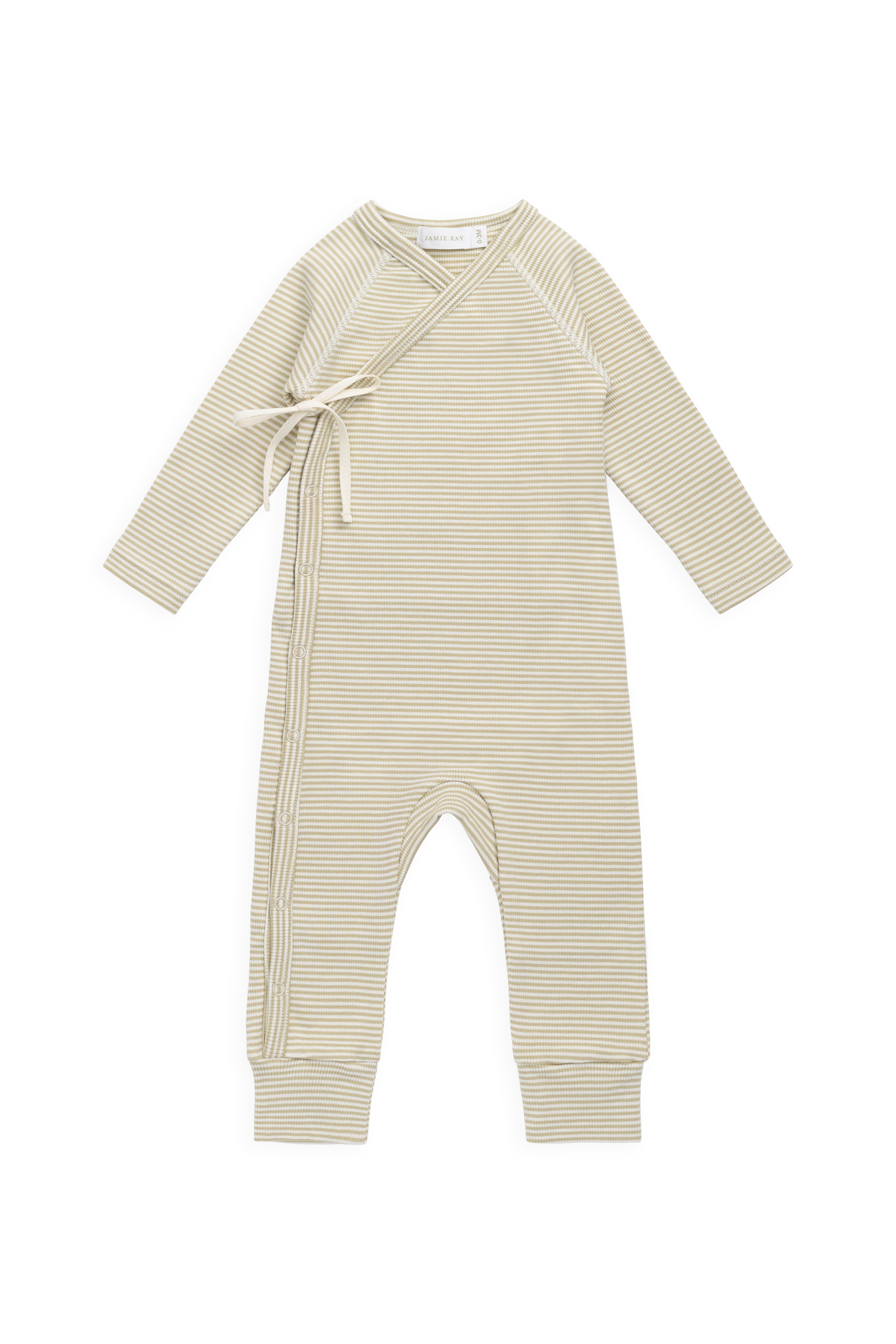 Grenouillère douillette en coton à fines côtes et fines rayures crème et marron, à manches longues, avec ouverture portefeuille et revers doux aux chevilles pour nouveau-né