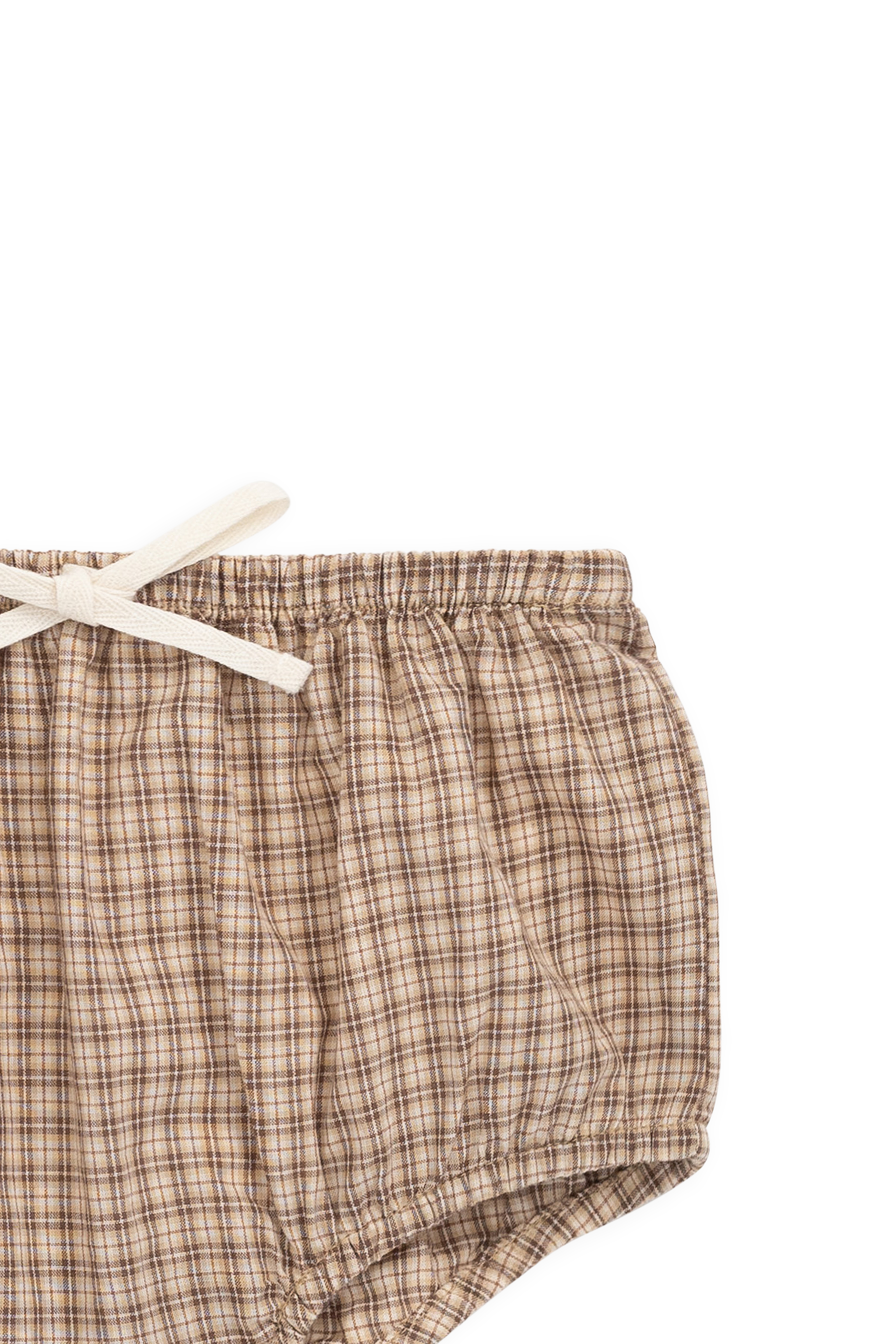 Bloomer en coton biologique à carreaux marron cacao vintage avec taille et ouvertures de jambe élastiquées pour le confort quotidien de bébé