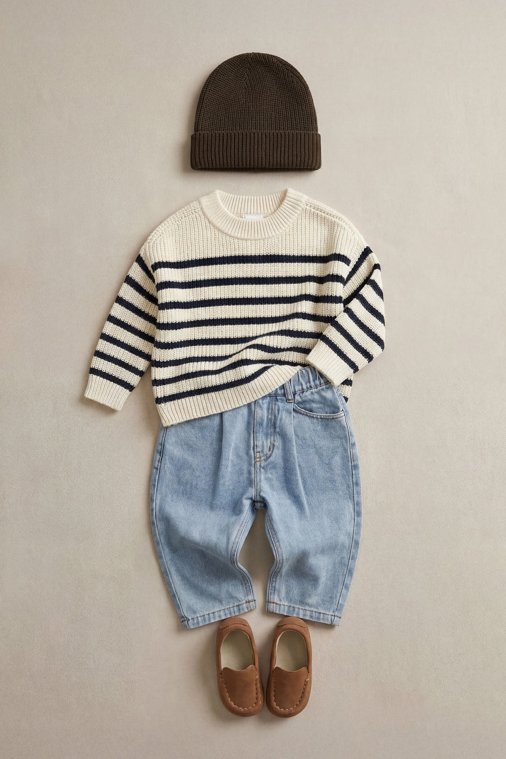 Pull en maille de coton rayé crème et marine décontracté avec texture côtelée et encolure ras-du-cou pour enfants, idéal pour les journées fraîches.