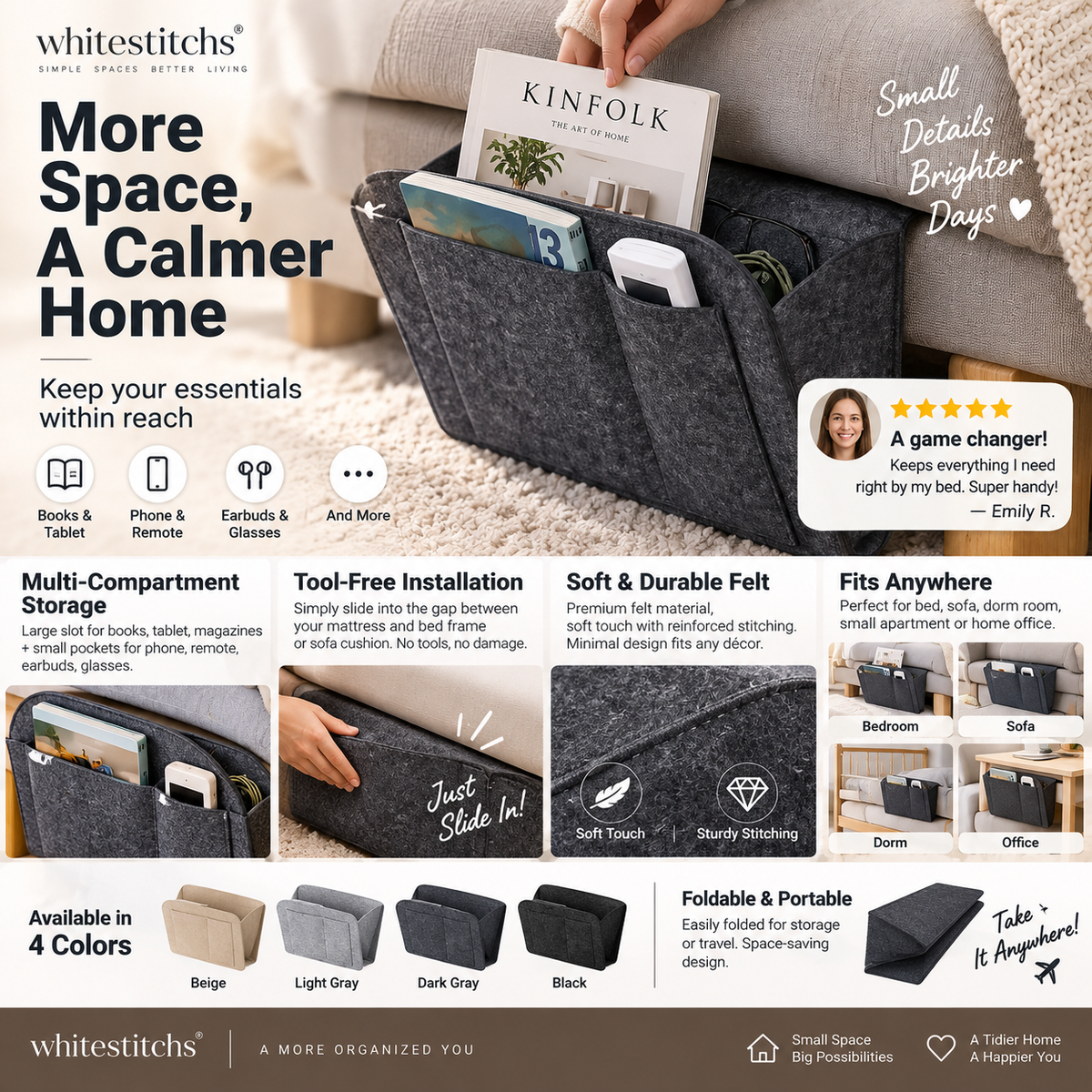 Tidy your nightstand in a flash Tool-free slide storage