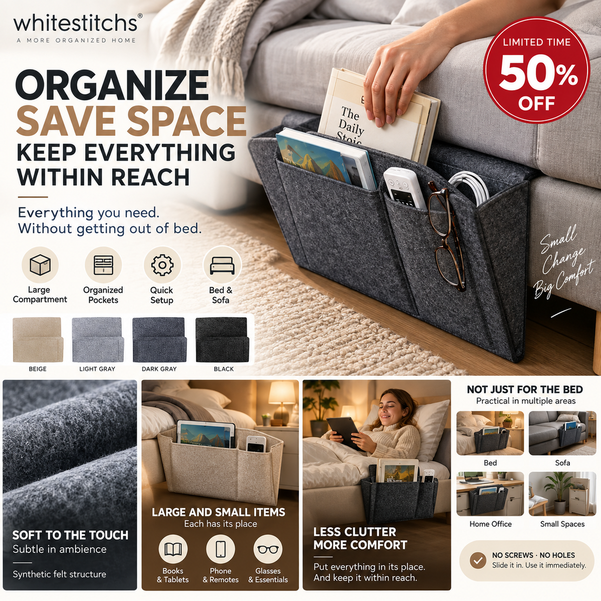 Tidy your nightstand in a flash Tool-free slide storage