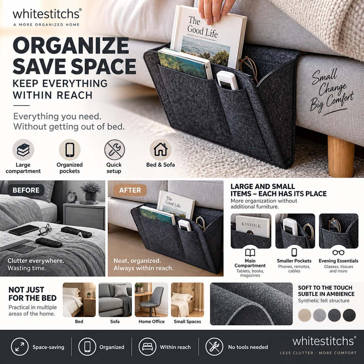 Tidy your nightstand in a flash Tool-free slide storage
