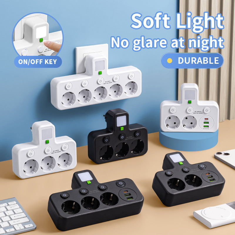 EU Power Strip with 4 Outlets, Multiport Wall Plug with Individual Switch and Small Adapter for Night Light