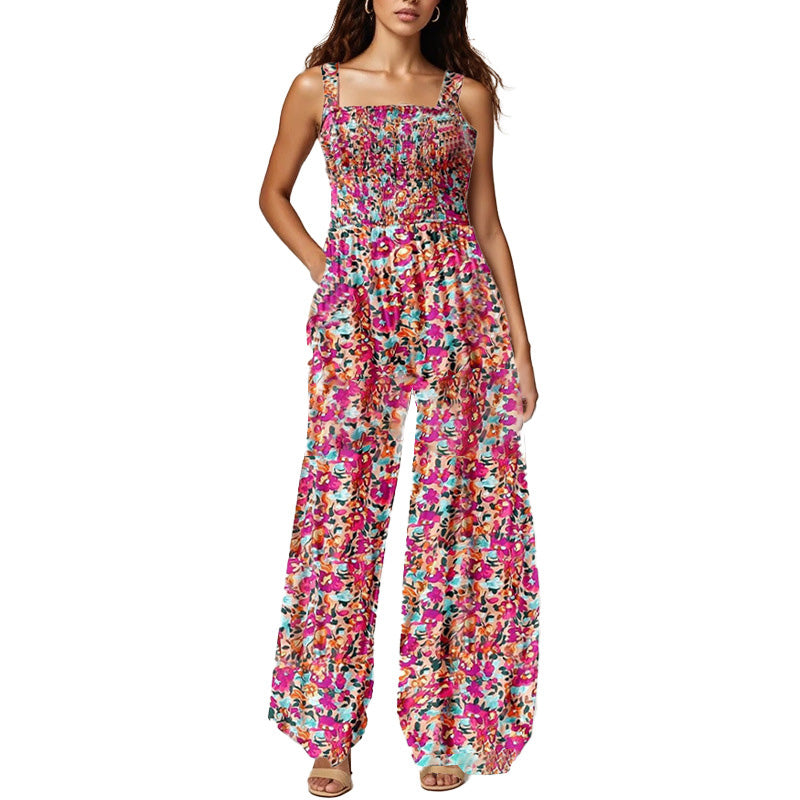 DE RDUCTION Combinaison sans manches pour femme, motif floral, poitrine smockée et jambes larges, chic et estivale.