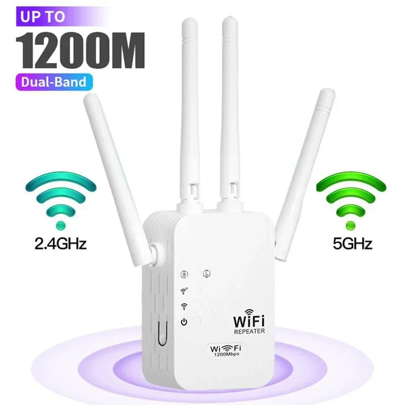 Répéteur WiFi 2025, amplificateur de signal double bande 1200 Mbps (5 GHz/2,4 GHz), couvre 10 000 pieds carrés et 50 appareils, répéteur avec port Ethernet pour la maison