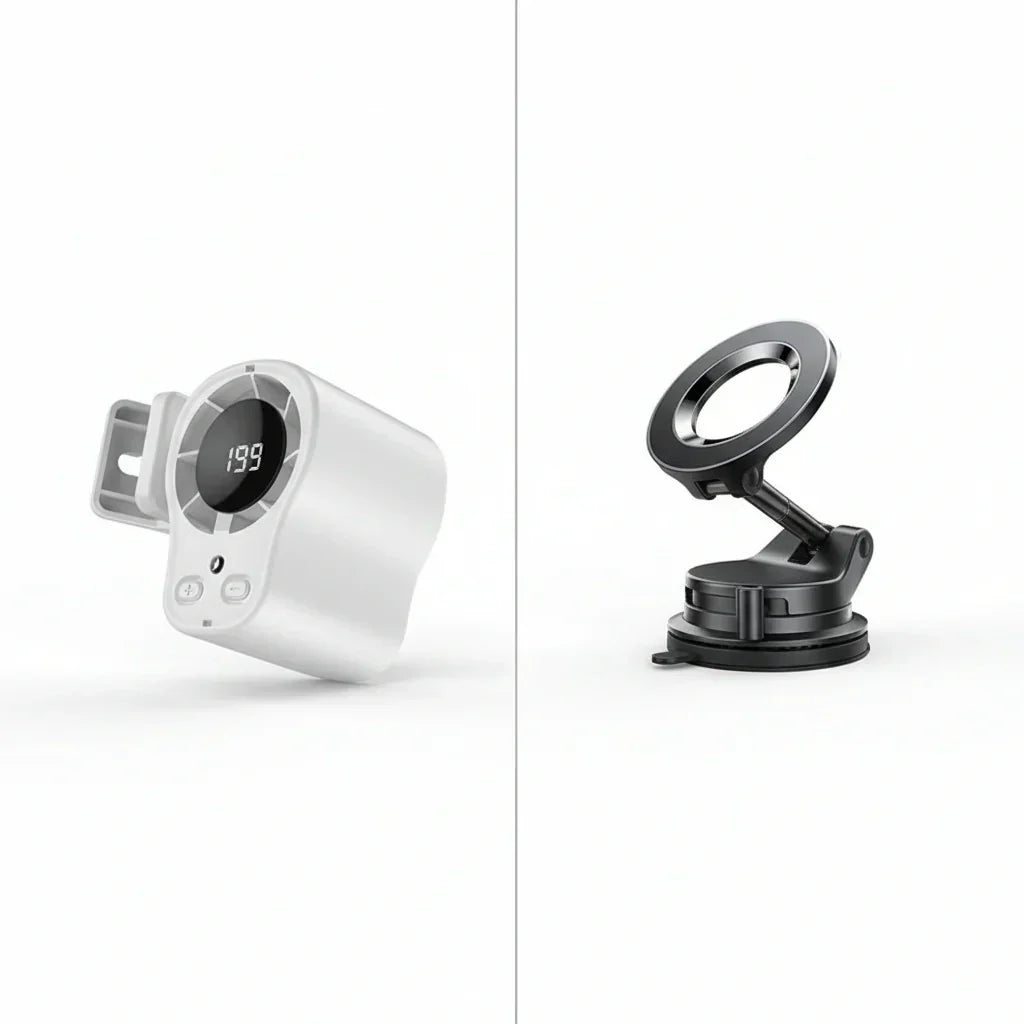 USB Hands-Free Personal Fan for Car Vent or Desk, LED Display, Silent (<36dB), 2000/4000mAh Battery, 3 Colors
