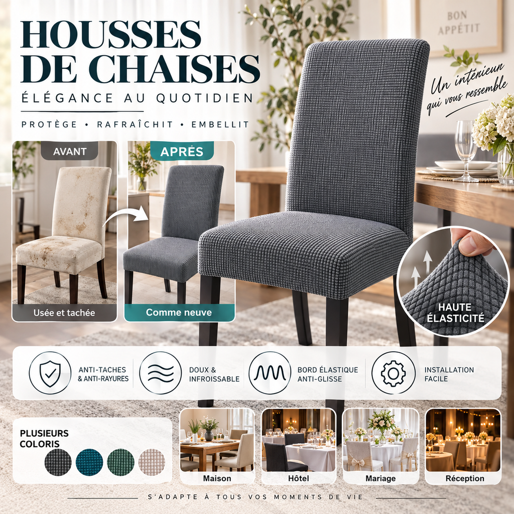 Réduction Housse de chaise extensible Ajustement parfait, anti-tache, protège et rénove vos chaises facilement