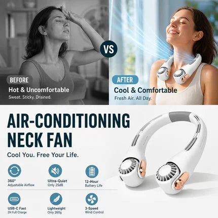 Ventilateur de cou portable rotatif 360°, ultra-silencieux 45 dB, 3 vitesses, longue autonomie USB, mains libres, blanc & rose. Achetez-en 2 = -10 %